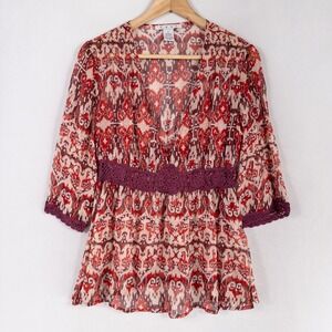 Cabi Top Blouse Womens Small Multicolor Print Crochet Trim Silk Boho Whimsigoth